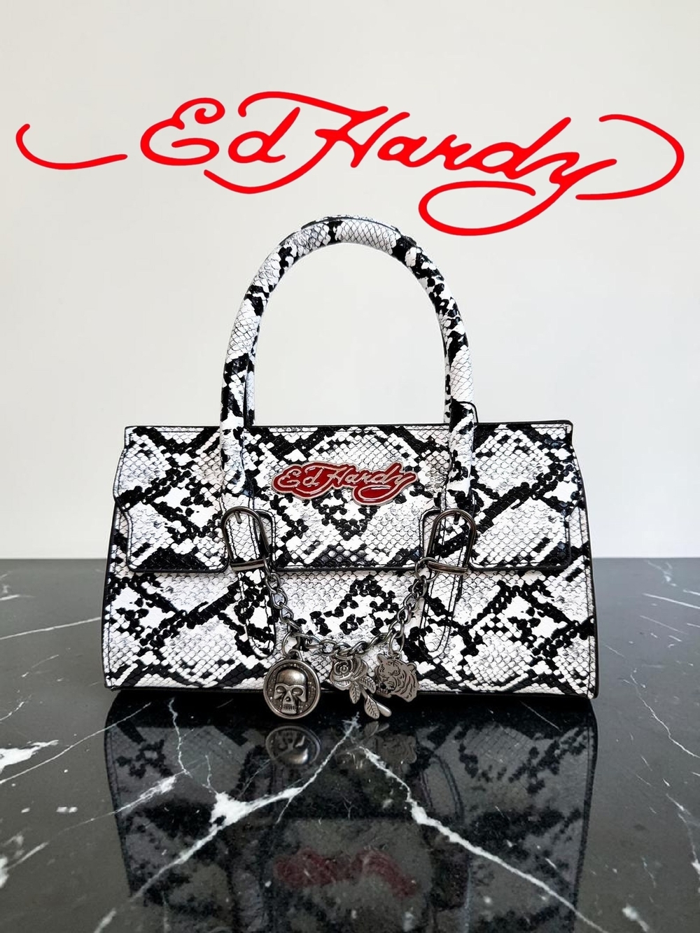 NEW Ed Hardy Black and White Snakeskin Satchel Bag with Crossbody Strap NWT Rare